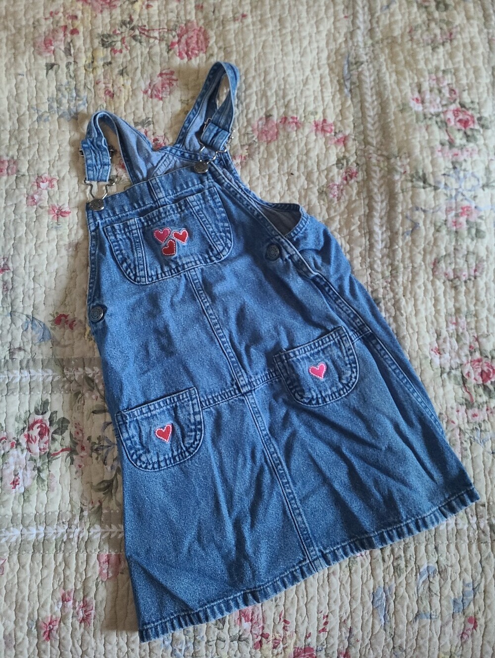 Hartstrings 90s Girls Blue Denim Overall Dress with Heart Patches Size 6,7